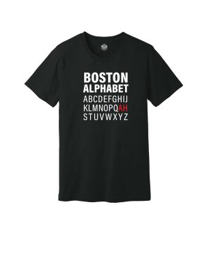 Boston Alphabet t-shirt – black tee with the alphabet printed in white and the letter R replaced by a red "AH," a nod to the Boston accent