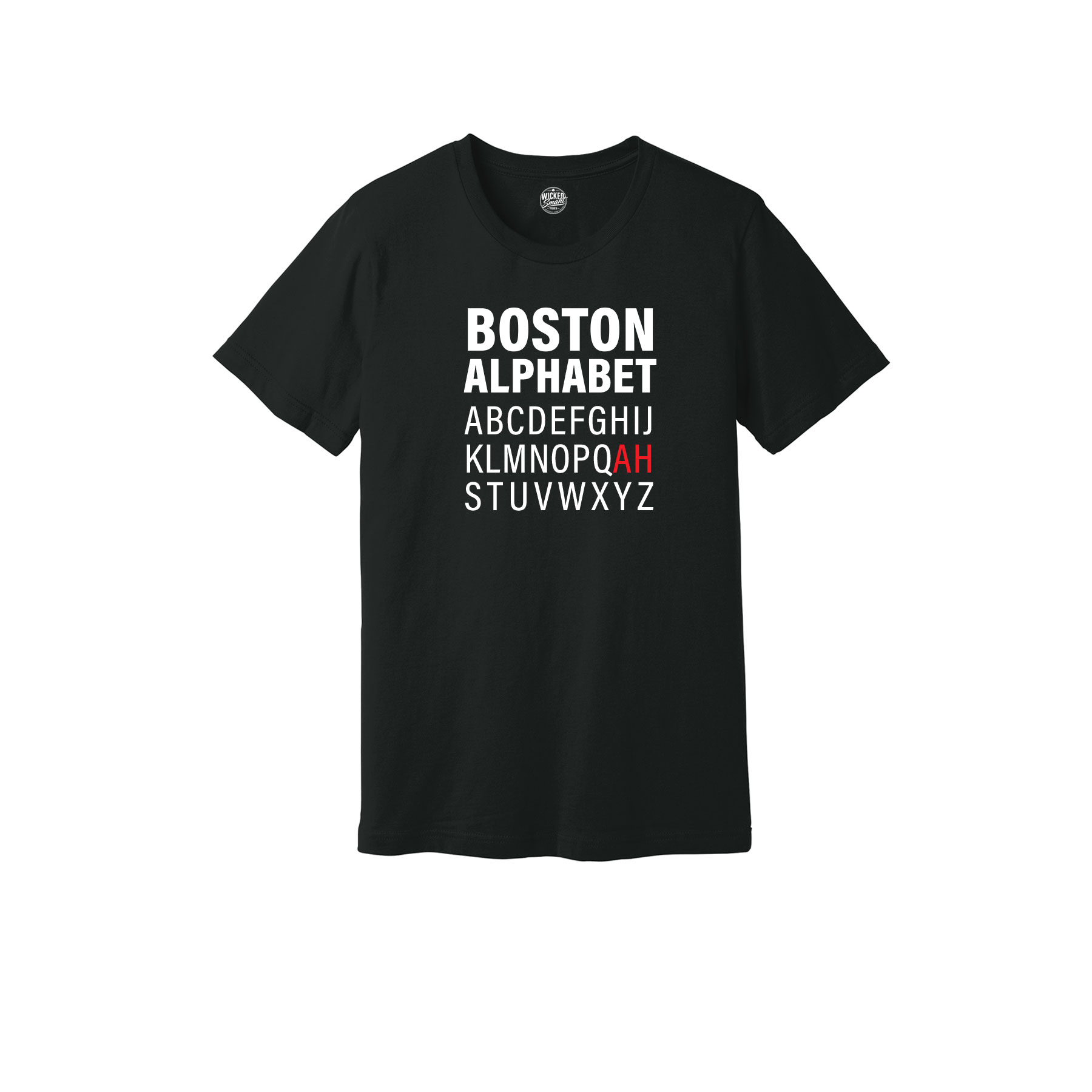 Boston Alphabet t-shirt – black tee with the alphabet printed in white and the letter R replaced by a red "AH," a nod to the Boston accent